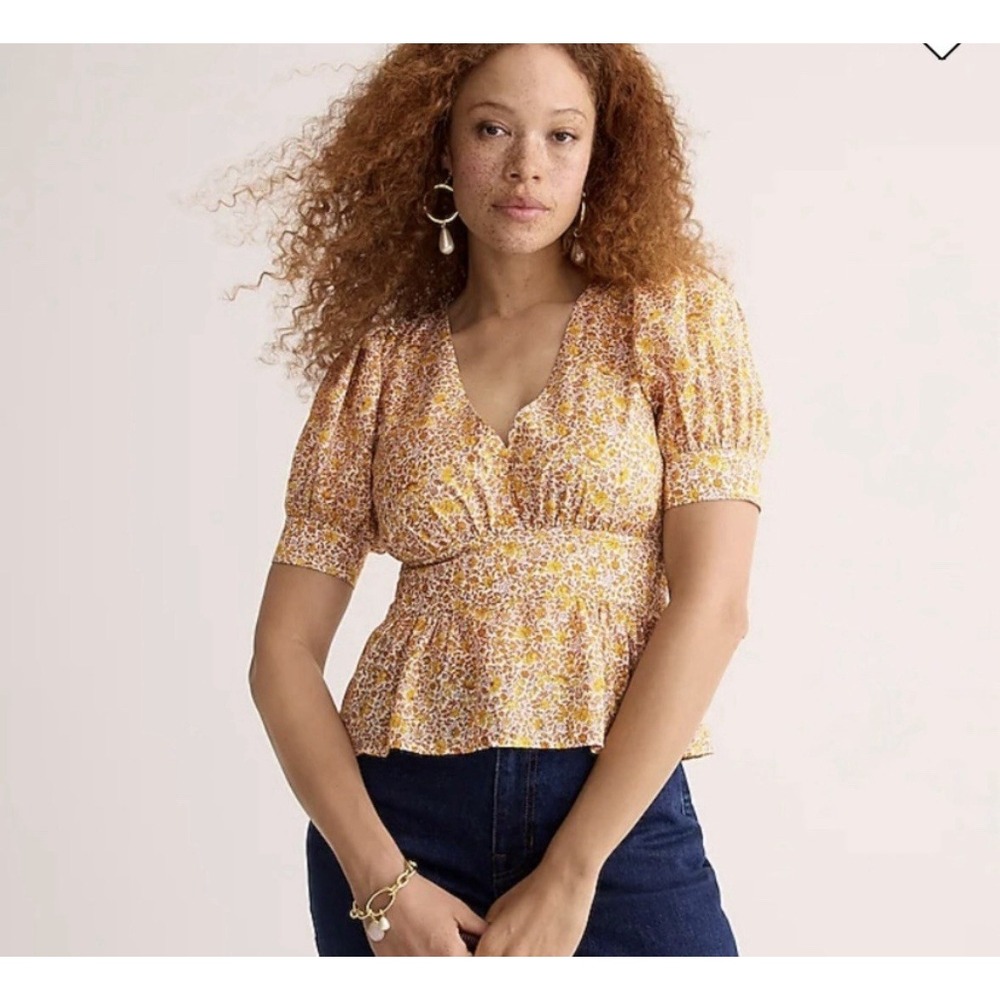 J‎ Crew sz 10 Puff-Sleeve V-Neck Top Yellow Scattered Blooms Floral Print - Picture 16 of 16
